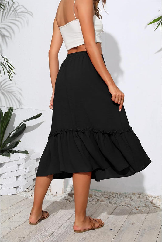 Witsmile Womens High Waist Tiered Midi Skirt Flowy Long Length with Pockets