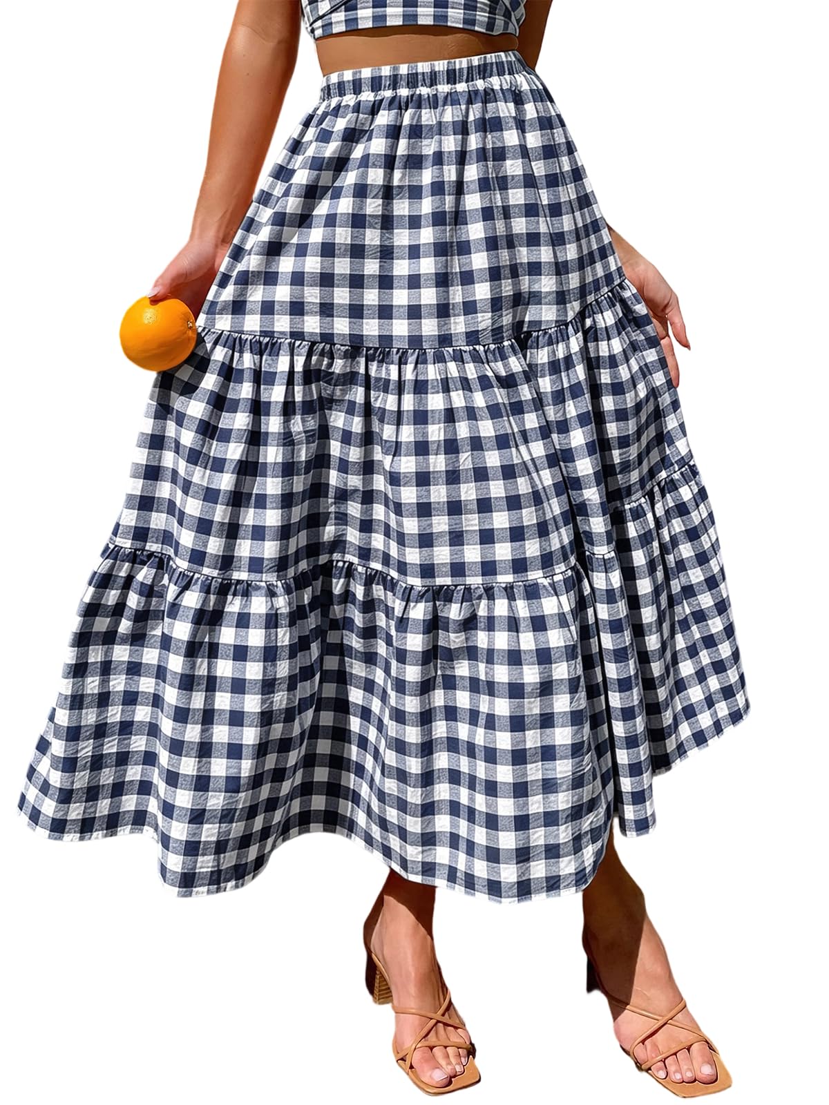 ebossy Women's Candy Color Slim Fit Elastic High Waist Plaid Gingham Tiered Flowy Boho Maxi Skirts with Pockets