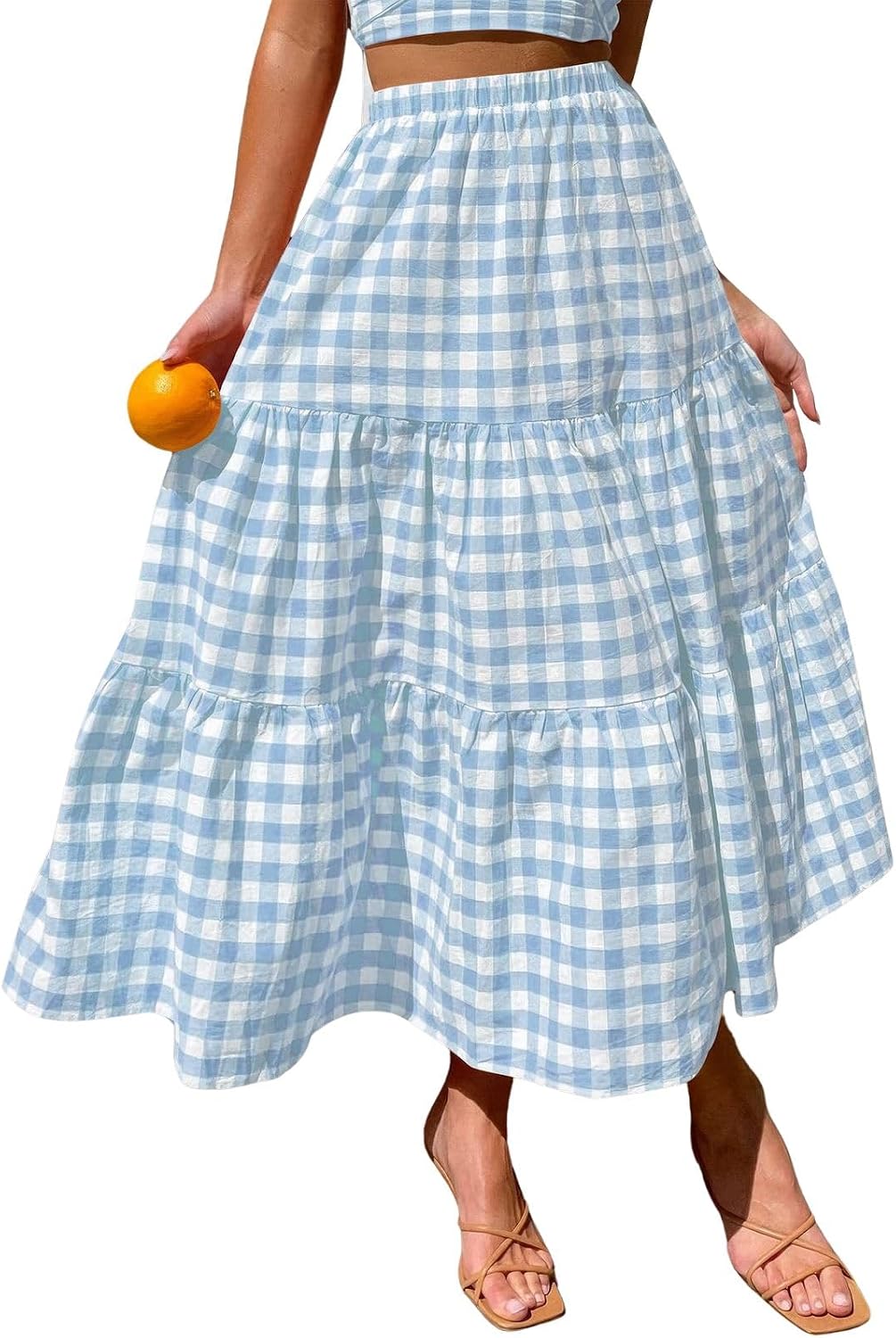 ebossy Women's Candy Color Slim Fit Elastic High Waist Plaid Gingham Tiered Flowy Boho Maxi Skirts with Pockets
