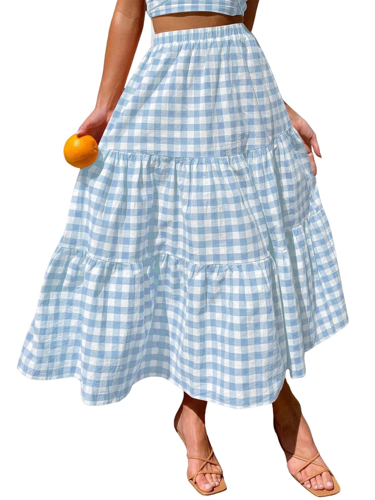 ebossy Women's Candy Color Slim Fit Elastic High Waist Plaid Gingham Tiered Flowy Boho Maxi Skirts with Pockets