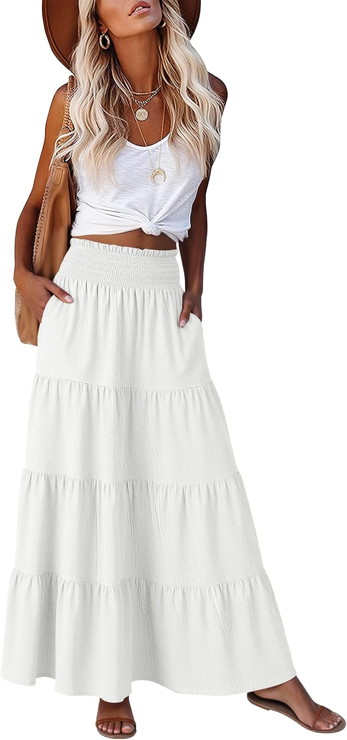 ANRABESS Womens Maxi Skirts, Elastic High Waist A-Line Tiered, Long Flowy Boho Skirts, Summer Casual Beach & Vacation Wear