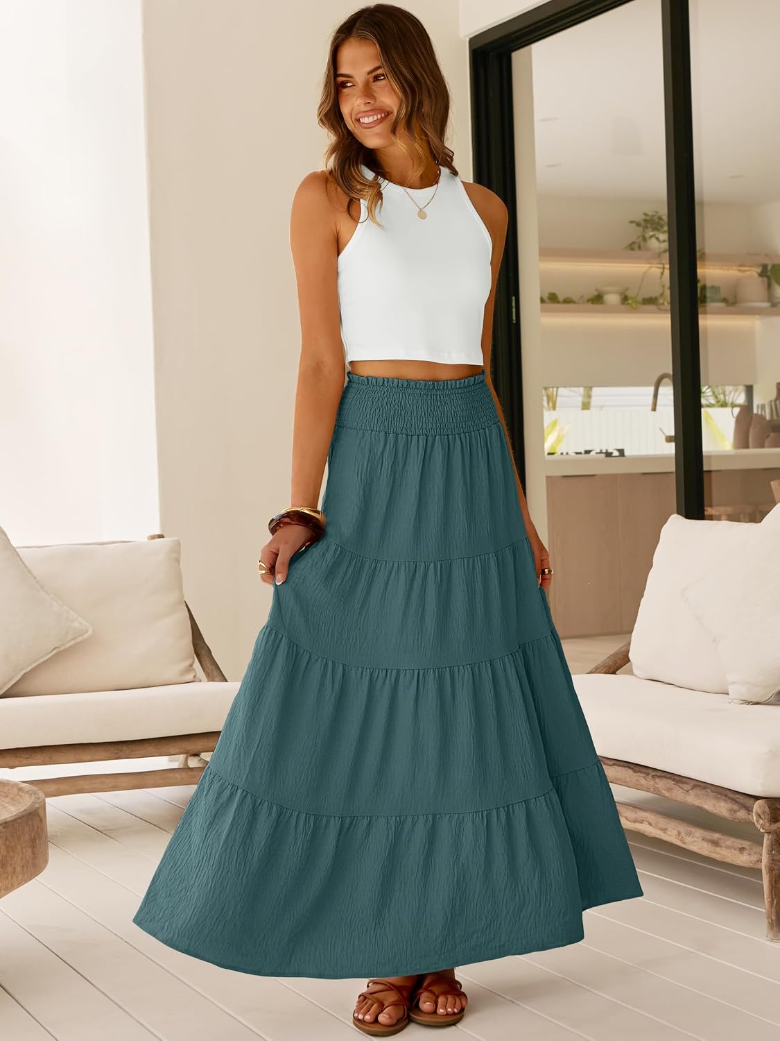 ANRABESS Womens Maxi Skirts, Elastic High Waist A-Line Tiered, Long Flowy Boho Skirts, Summer Casual Beach & Vacation Wear