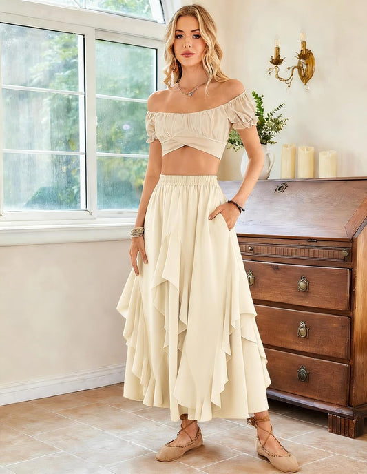 Scarlet Darkness Long Skirts for Women Ruffled Flowy Renaissance Maxi Skirt