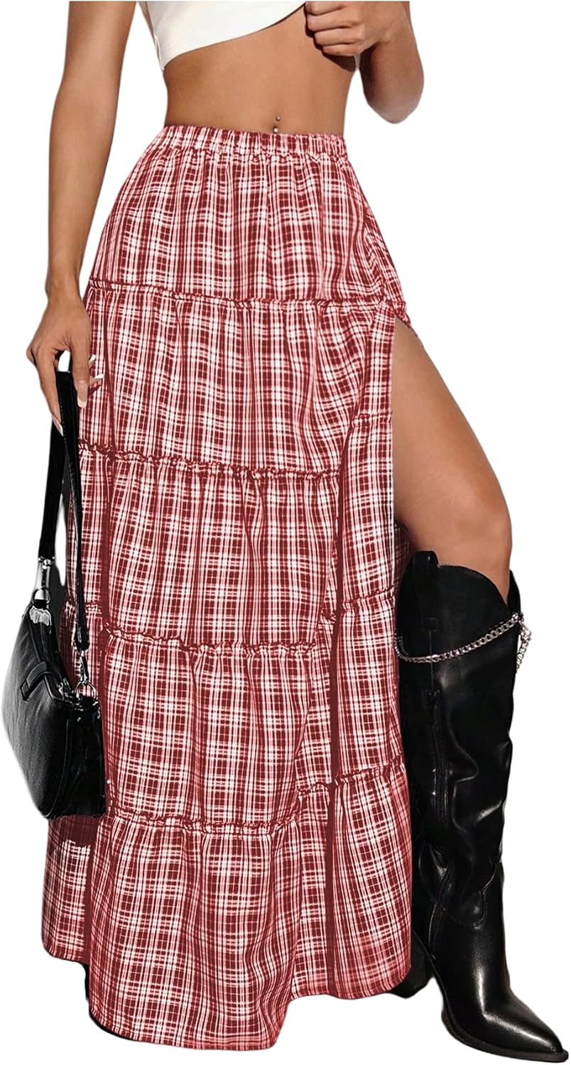 SHENHE Women's Plaid Maxi Skirt High Slit A‑Line Tiered Y2k Skirt