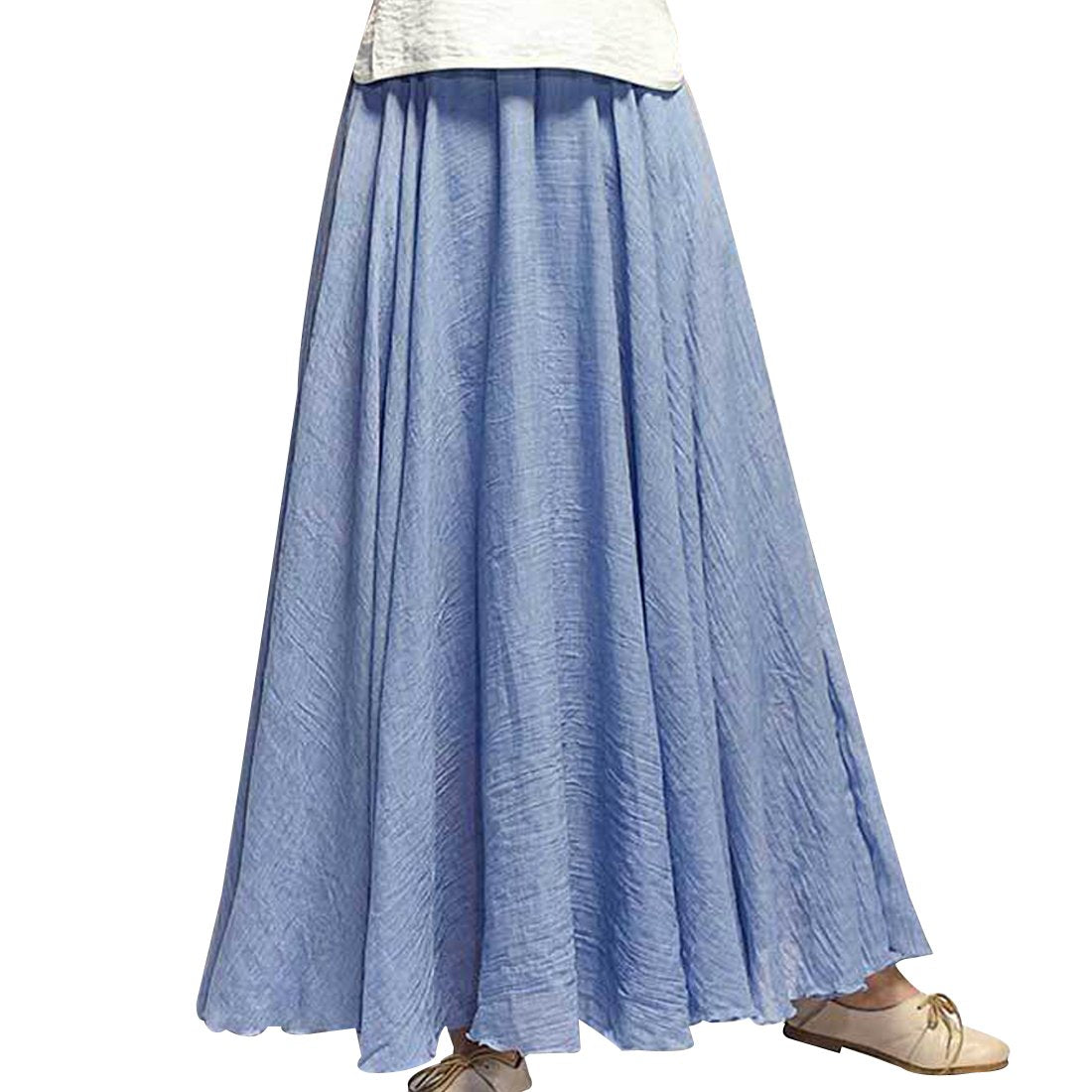 Kafeimali Women Bohemian Cotton Linen Double Layer Elastic Waist Long Maxi Skirt