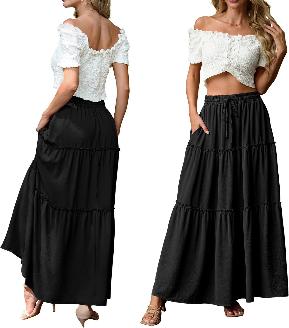 Lepunuo Womens Casual Boho High Waisted Flowy Maxi Skirts Tiered Floral Long Skirts with Pockets for Summer Beach Vacation