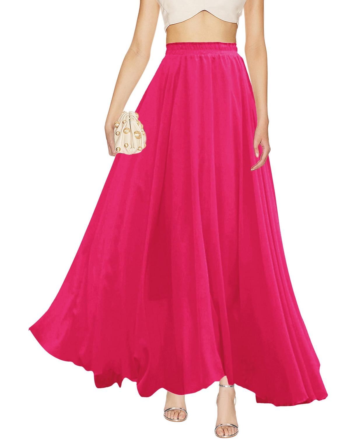 v28 Women Full/Ankle Length Elastic Pleated Retro Maxi Chiffon Long Skirt