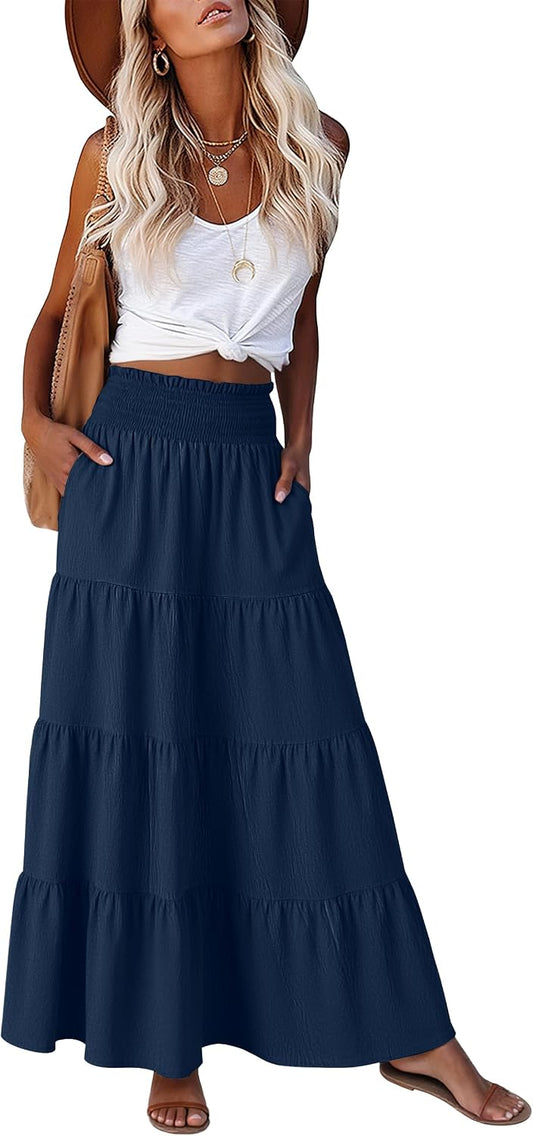 ANRABESS Womens Maxi Skirts, Elastic High Waist A-Line Tiered, Long Flowy Boho Skirts, Summer Casual Beach & Vacation Wear