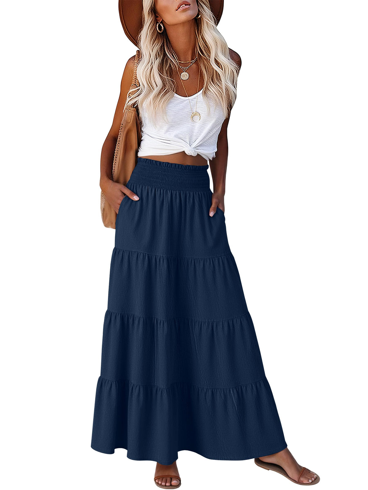 ANRABESS Womens Maxi Skirts, Elastic High Waist A-Line Tiered, Long Flowy Boho Skirts, Summer Casual Beach & Vacation Wear