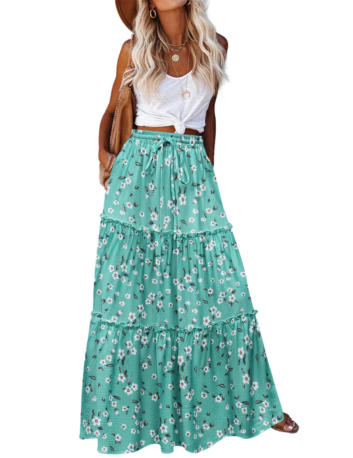 Zeagoo Womens Casual Maxi Skirts for Women 2026 High Waist Boho Skirts Floral Printed Long Flowy Skirt with Pockets
