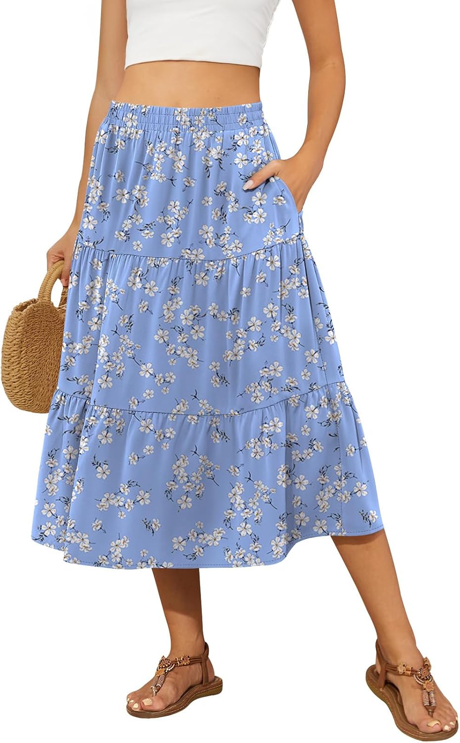 DouBCQ Women's Midi Skirt Flowy Tiered Ruffle High Waist Skirts