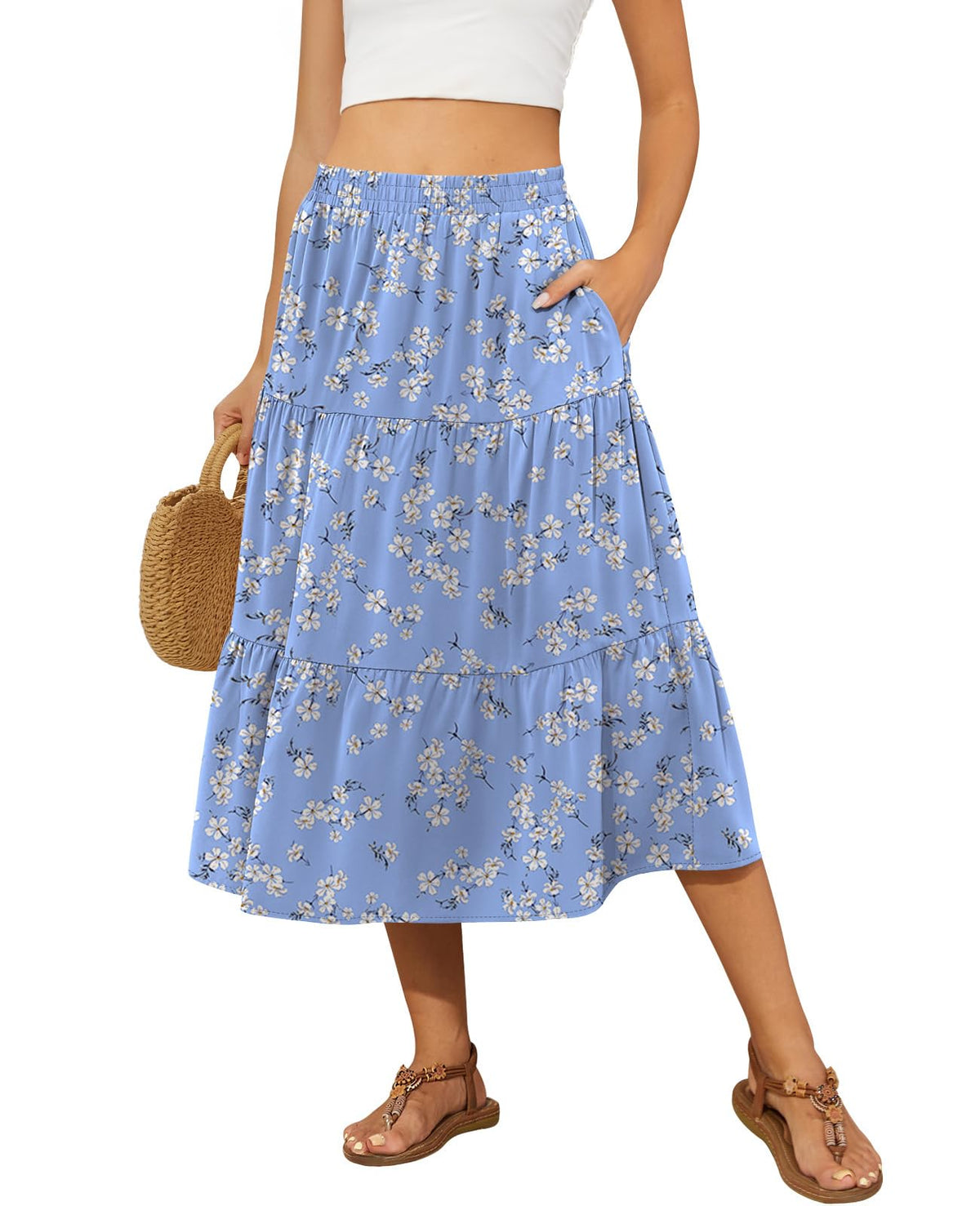 DouBCQ Women's Midi Skirt Flowy Tiered Ruffle High Waist Skirts