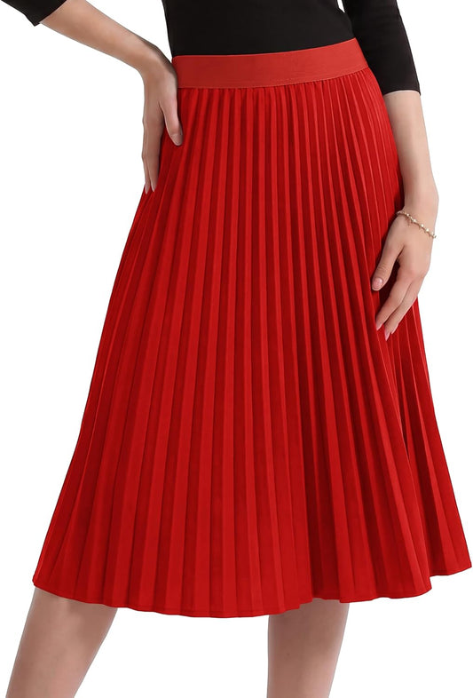 CZYINXIAN Pleated Midi Skirts for Women Elastic High Waist A-Line Skirt