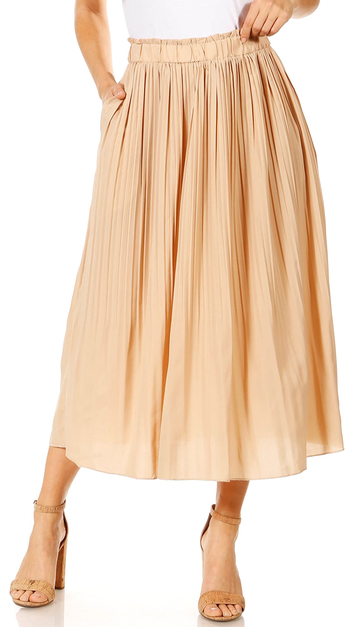 Simlu Pleated Midi Skirts for Women with Pockets, Elastic High Waisted Skirt Reg & Plus Size Womens Summer Skirts Trendy 2023
