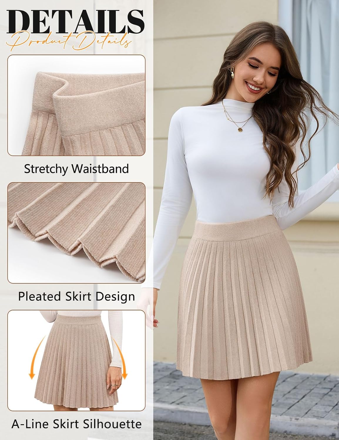 Yusongirl Women Mini Knit Pleated Skirt A Line Elastic High Waist