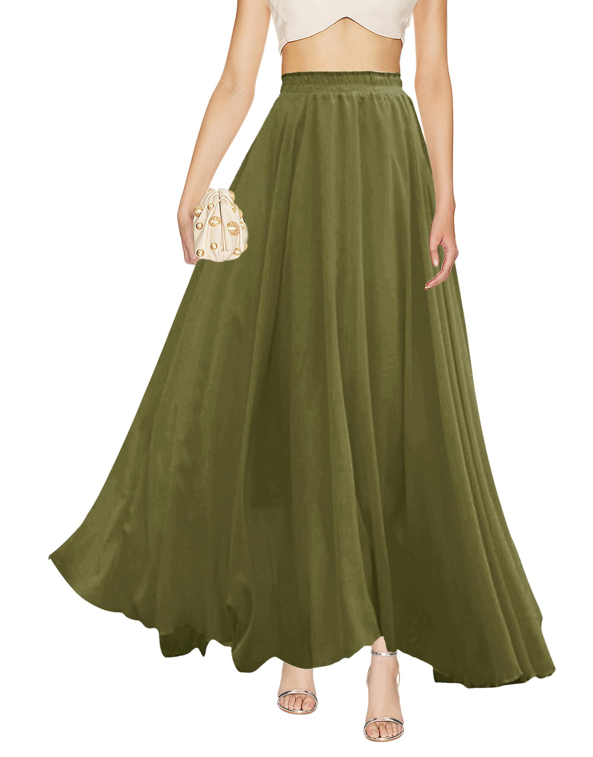 v28 Women Full/Ankle Length Elastic Pleated Retro Maxi Chiffon Long Skirt