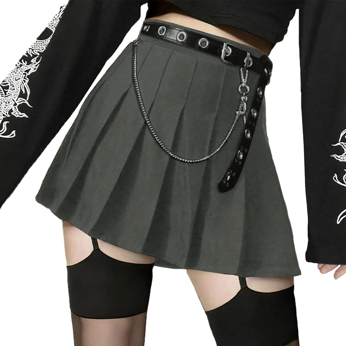 AULKEEP Pleated Mini Skirt Goth High Waist Skort with Belt