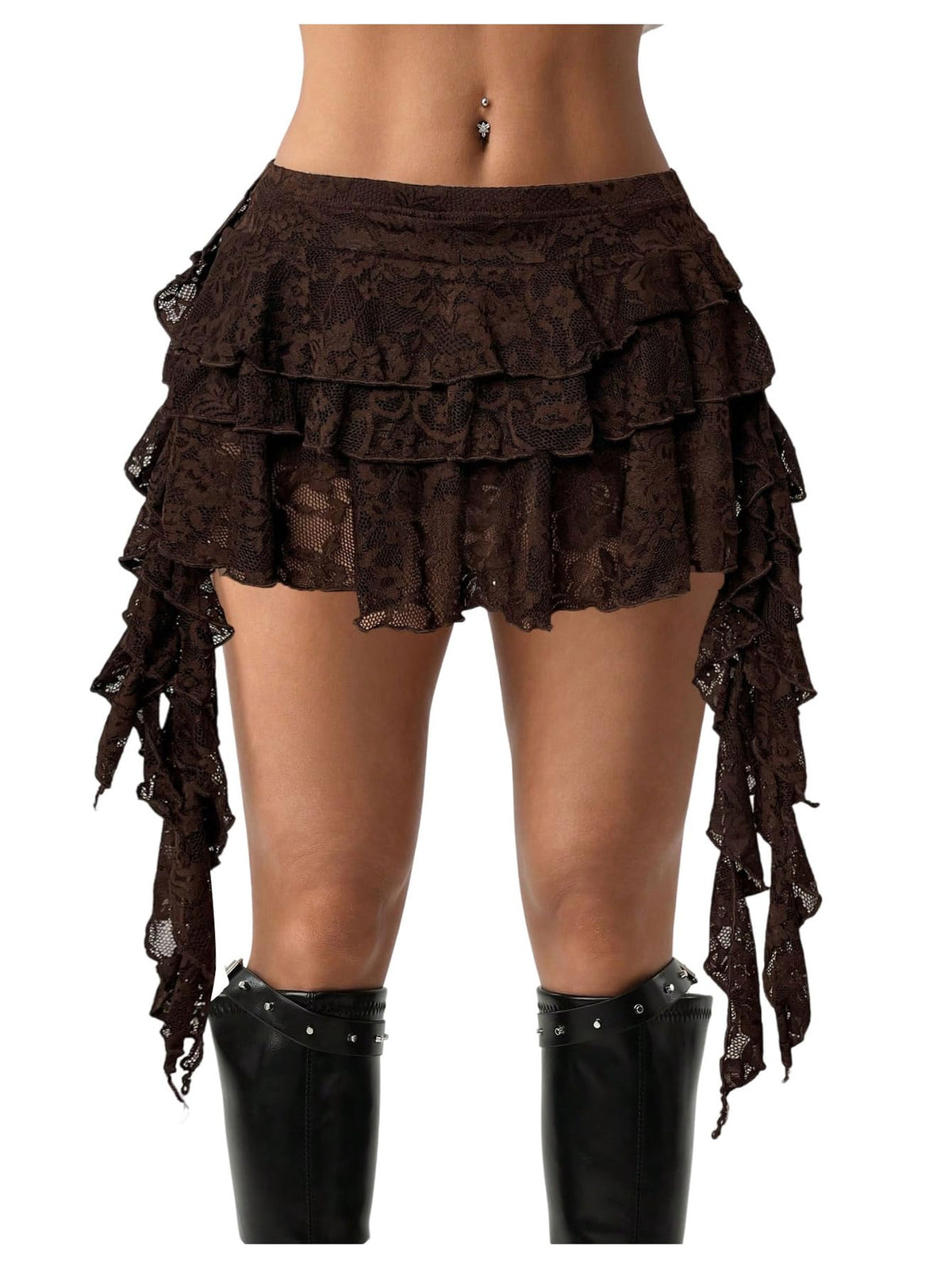 BEAUDRM Women's Y2k Boho Lace Ruffle Mini Skirt Asymmetrical Concert Outfit