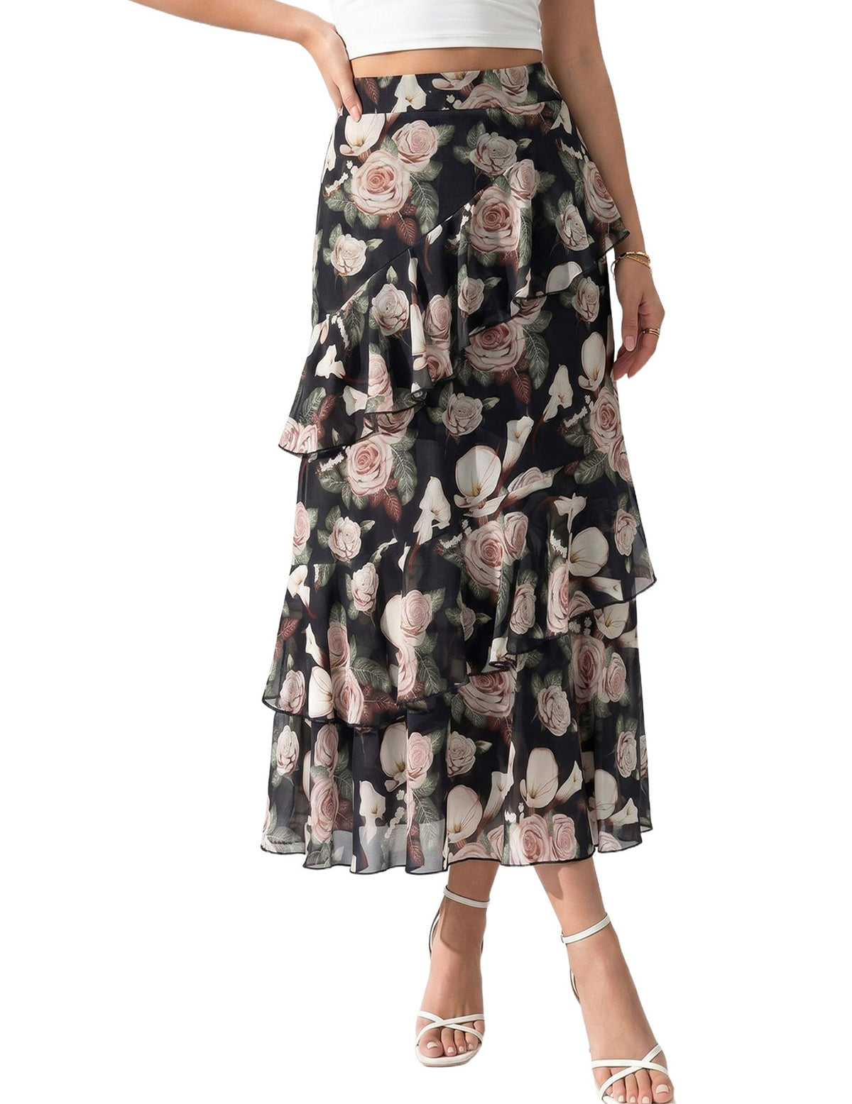 DERAX Women's Boho Floral Midi Skirt A Line Tiered Ruffle Long Skirts