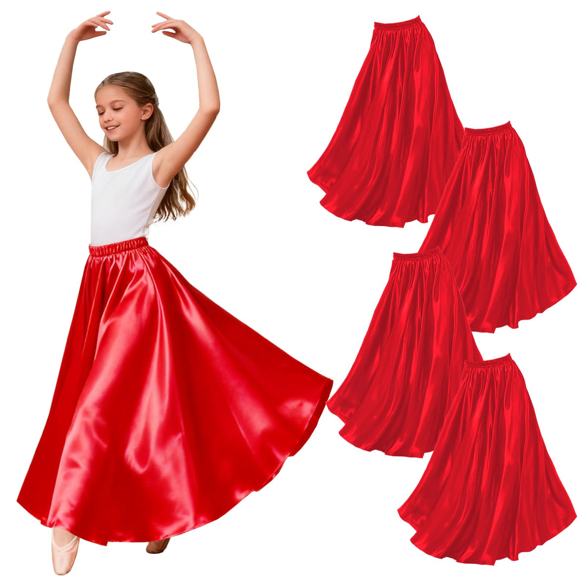 4PCS Ankle Length Satin Full Circle Skirt for Girls, Perfect for Belly Dance and Flamenco, Elegant Swing Dance Attire