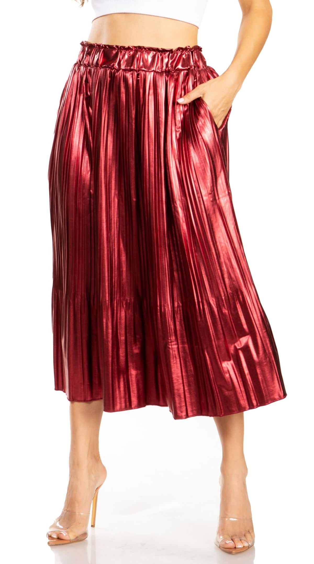 Simlu Pleated Midi Skirts for Women with Pockets, Elastic High Waisted Skirt Reg & Plus Size Womens Summer Skirts Trendy 2023