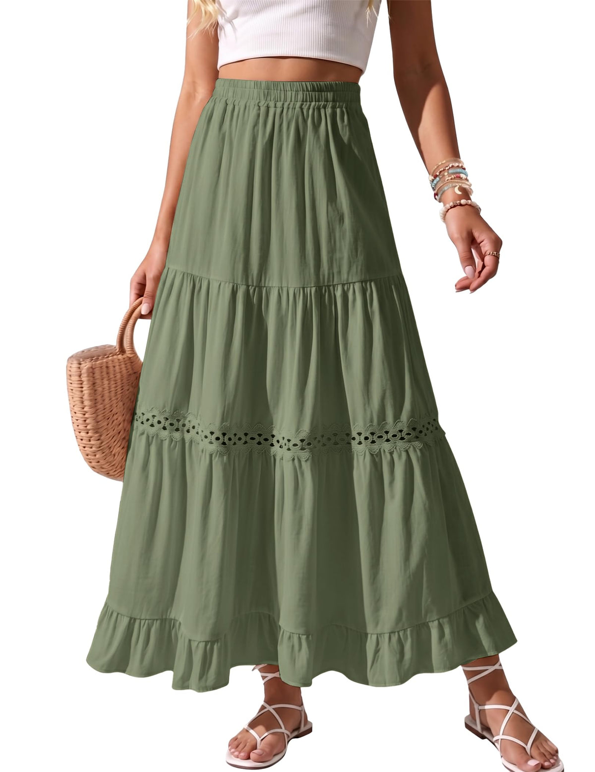 Womens Long Maxi Cotton Summer Boho Tiered A Line Skirts