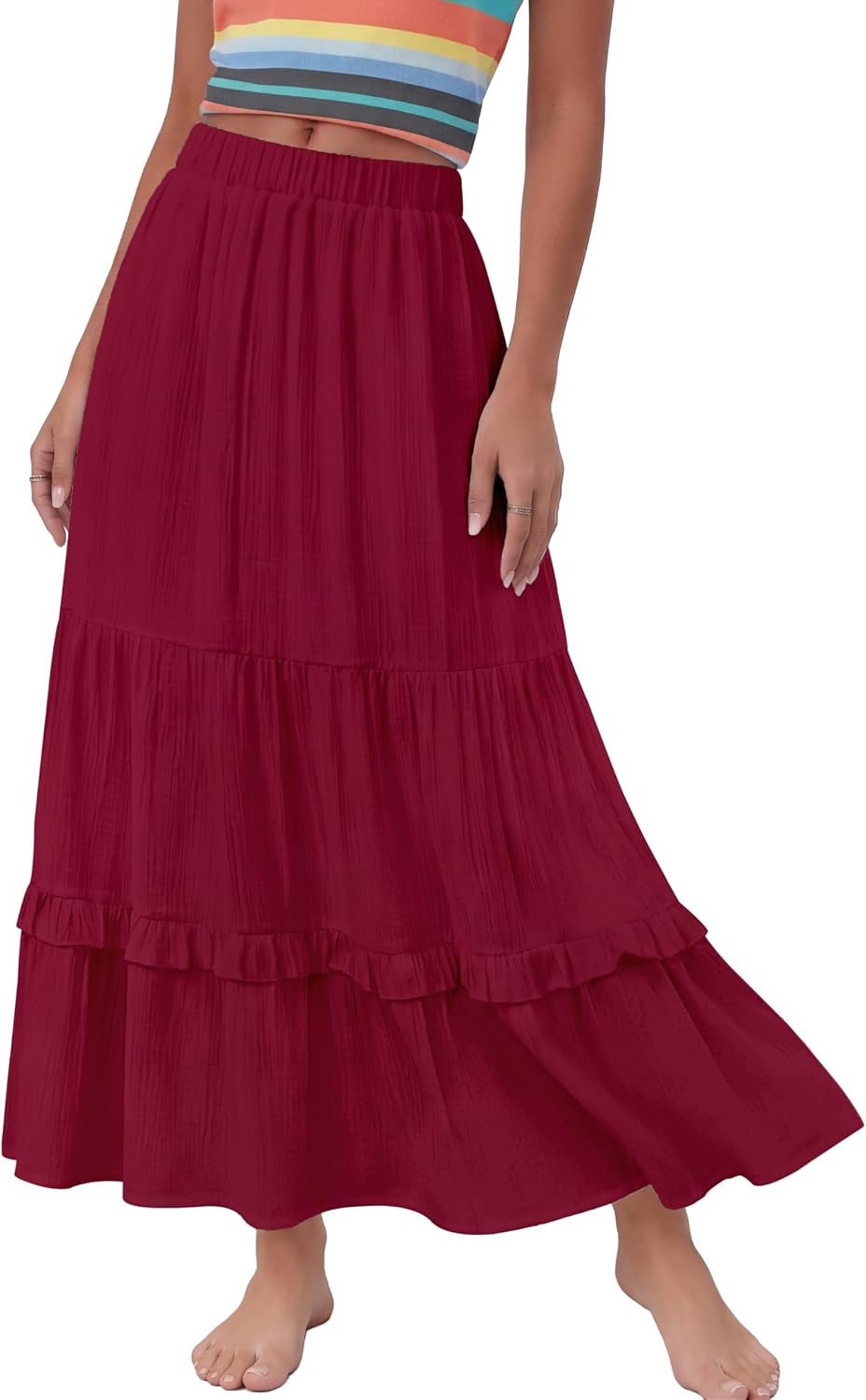 Annebouti 2026 Spring Summer Elastic Waisted Ruffle Long Skirt Flowy Tiered A-Line Maxi Skirts for Women