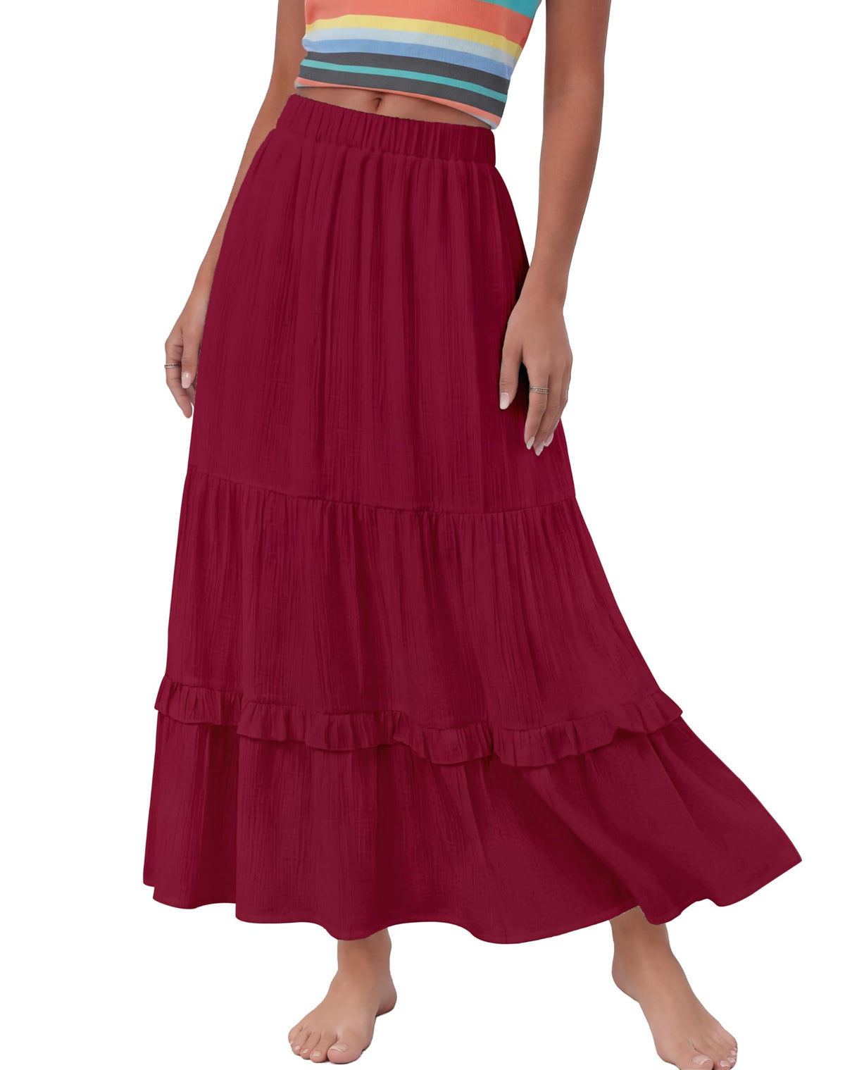 Annebouti 2026 Spring Summer Elastic Waisted Ruffle Long Skirt Flowy Tiered A-Line Maxi Skirts for Women