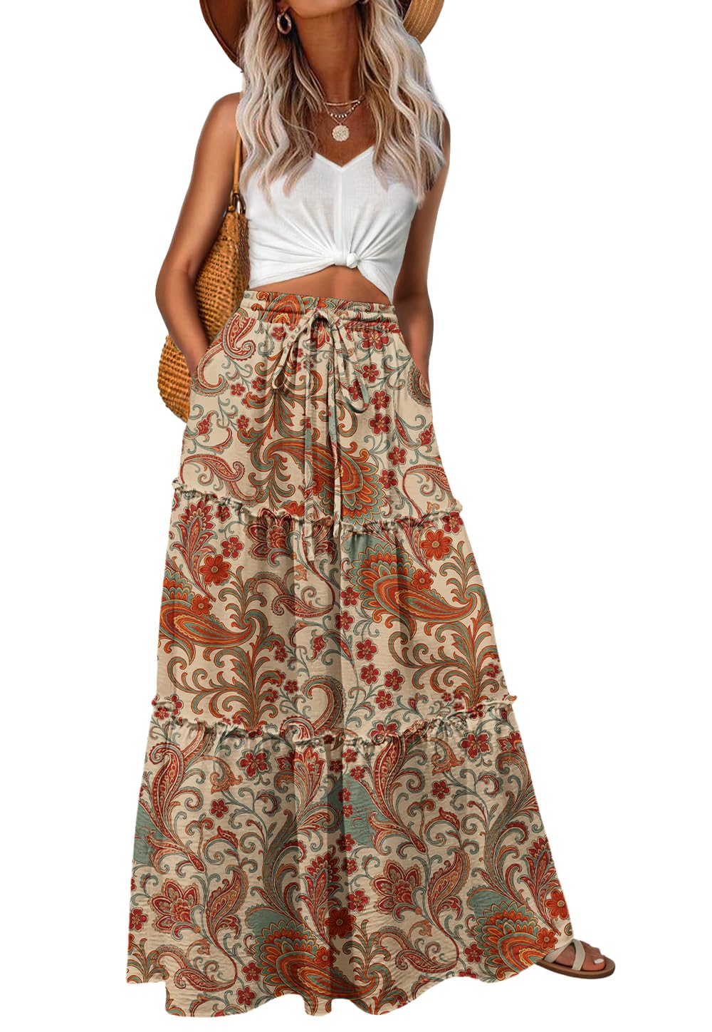 Lepunuo Womens Casual Boho High Waisted Flowy Maxi Skirts Tiered Floral Long Skirts with Pockets for Summer Beach Vacation