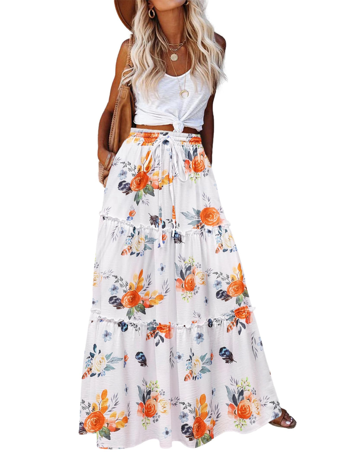Zeagoo Womens Casual Maxi Skirts for Women 2026 High Waist Boho Skirts Floral Printed Long Flowy Skirt with Pockets