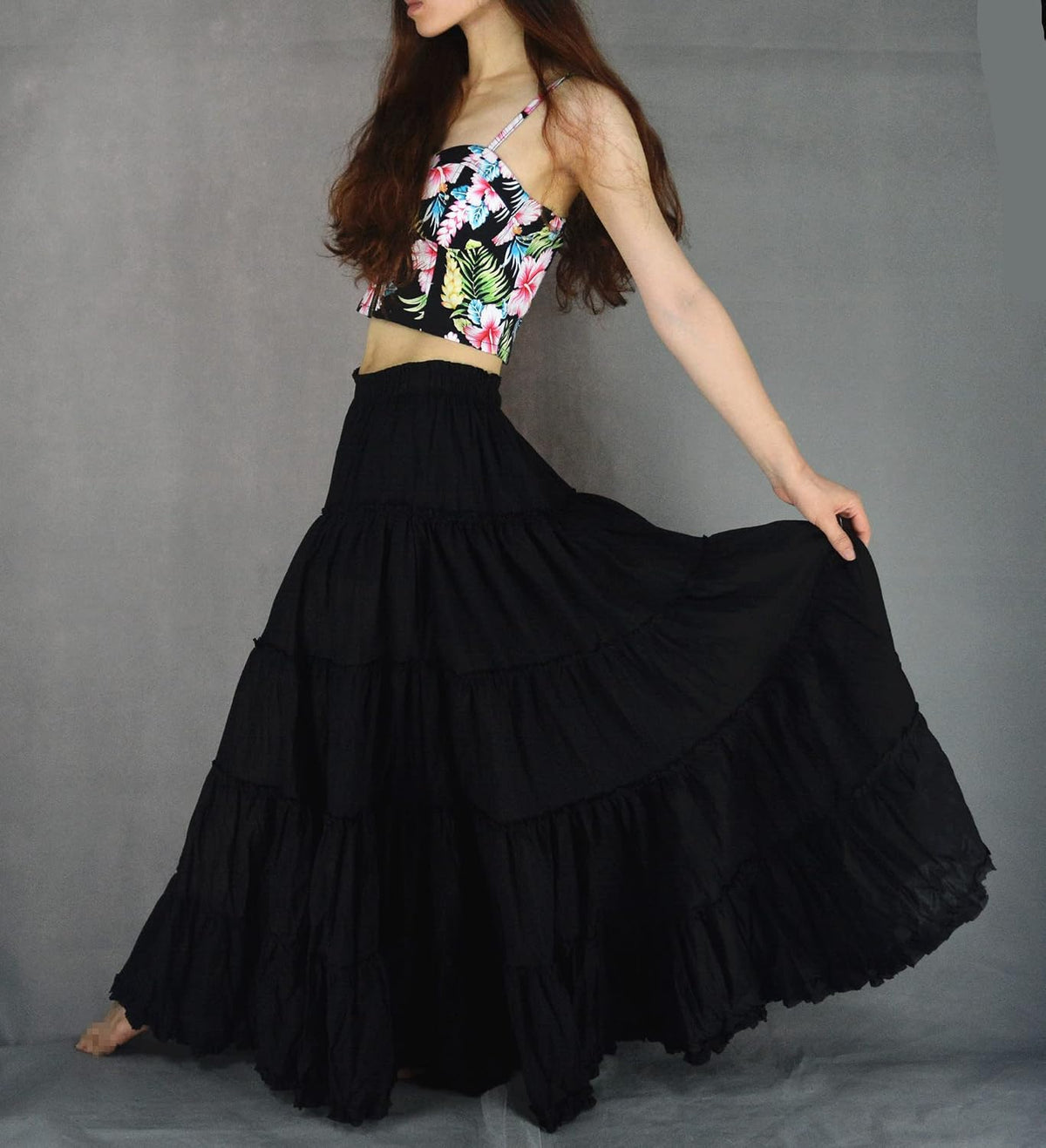 Women's Maxi Skirt Boho Pleated Cotton 5 Tiered Long A-Line Dance Skirts