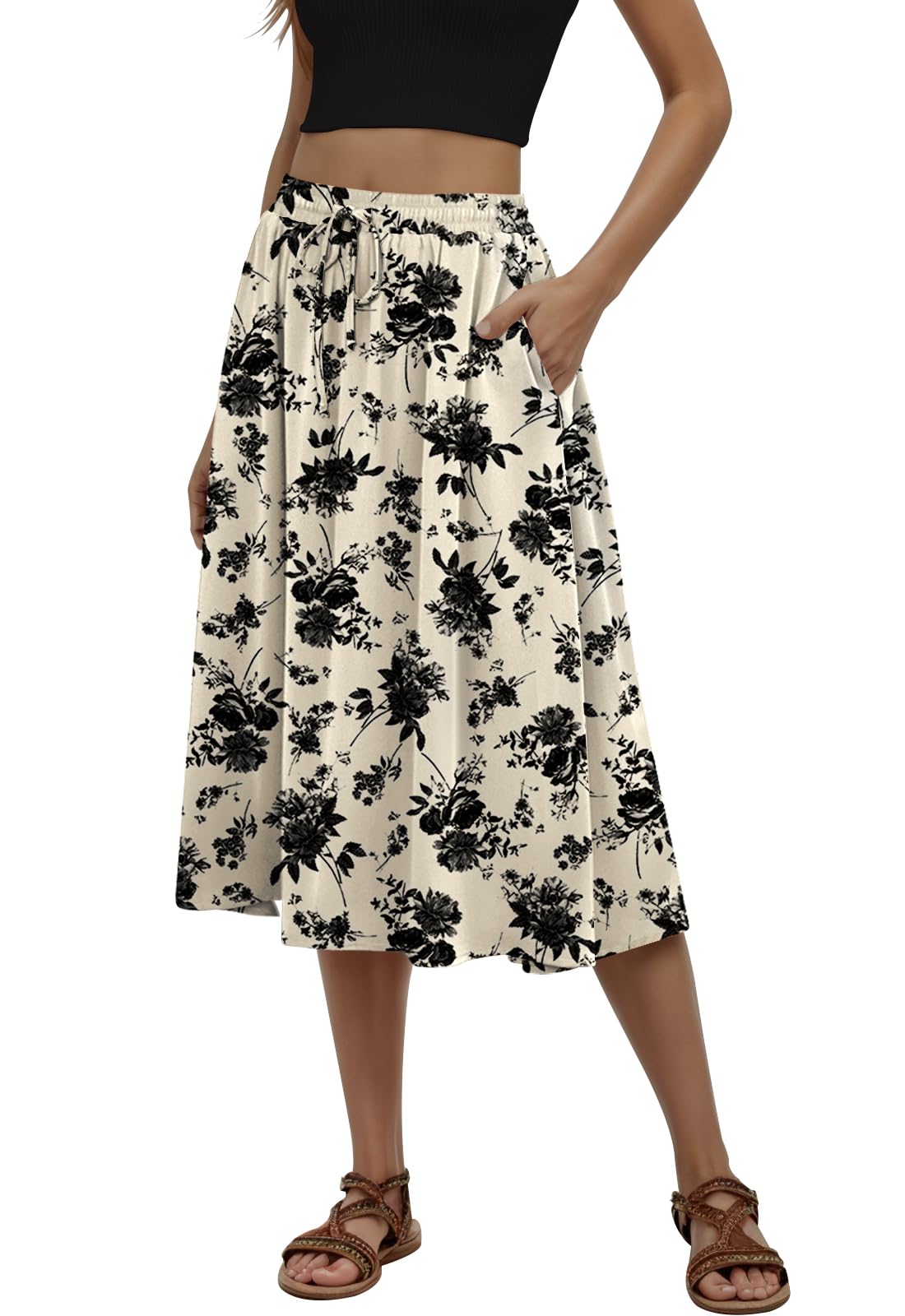 MLXSJ Women's Midi Skirt Summer Pleated Flowy Skirts with Pockets S-3XL