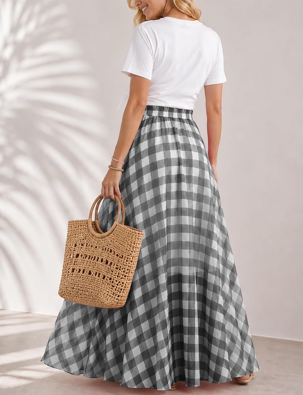 Women Vintage Checkered Plaid Maxi Skirt High Waisted Flowy A Line Casual Long Skirt