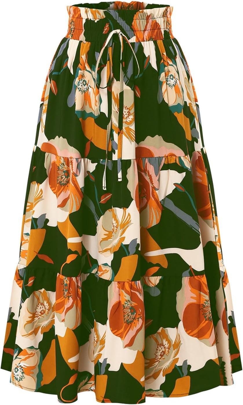 Boho Long Skirts for Women Summer Flowy Pleated A Line Floral Maxi Skirt Y2k Comfy Tiered Elastic High Waisted Skirts
