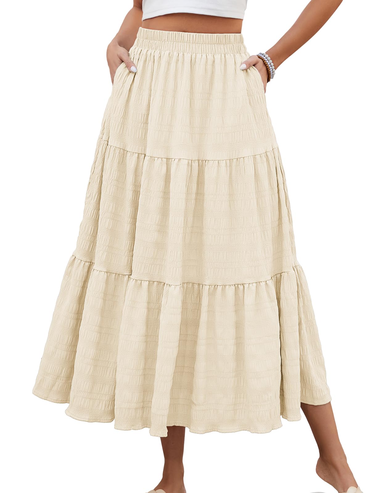 HUSKARY Women's Summer Casual Elegant Smock Layered Tiered Maxi Skirt High Waisted A Line Flowy Long Skirts with Pockets