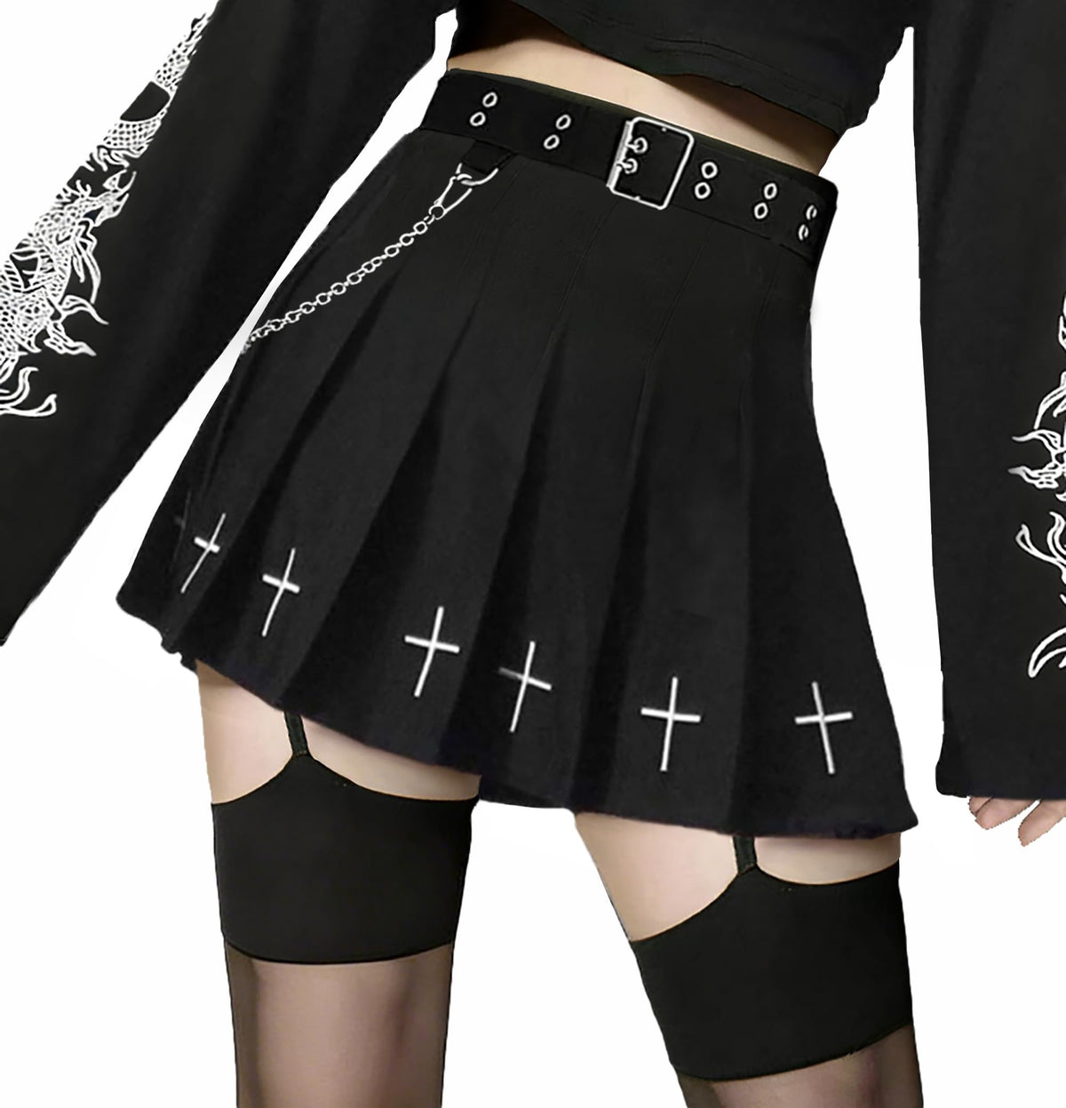 AULKEEP Pleated Mini Skirt Goth High Waist Skort with Belt