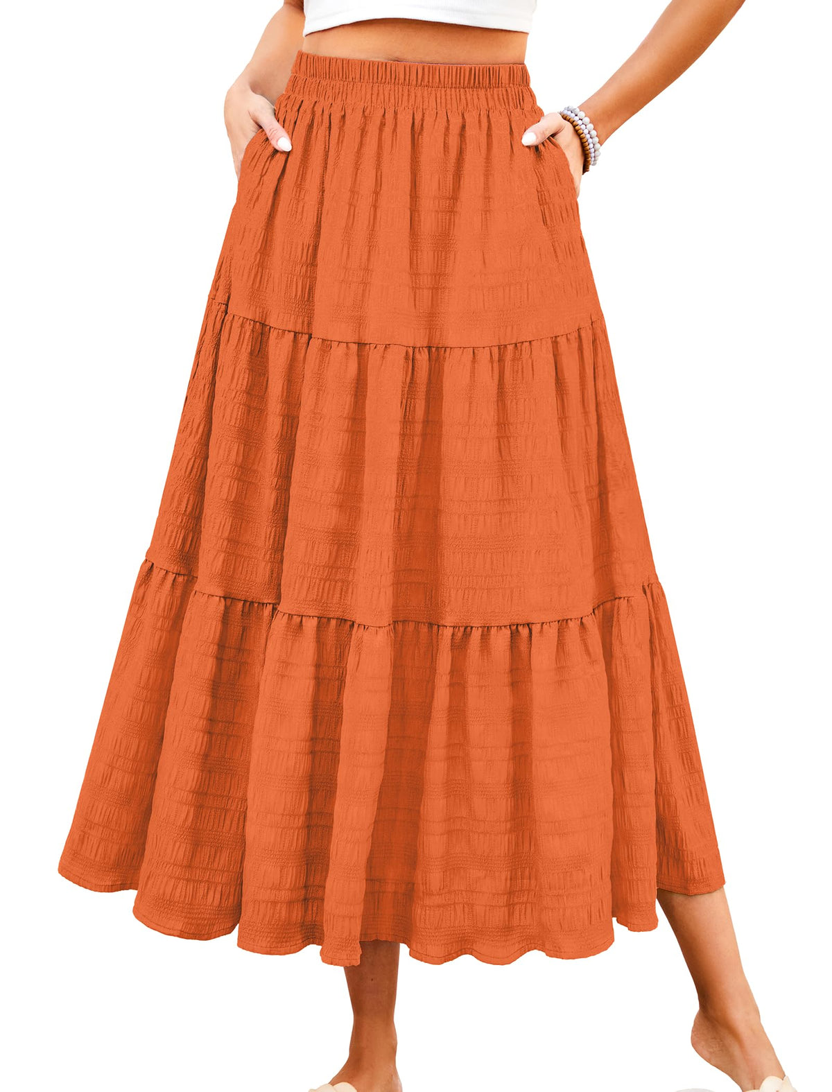 HUSKARY Women's Summer Casual Elegant Smock Layered Tiered Maxi Skirt High Waisted A Line Flowy Long Skirts with Pockets