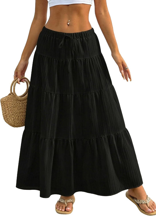 Halife Womens Boho Maxi Skirts Flowy Flared Ruffle Long Skirts Beach Vacation Elastic Waisted Summer Skirts
