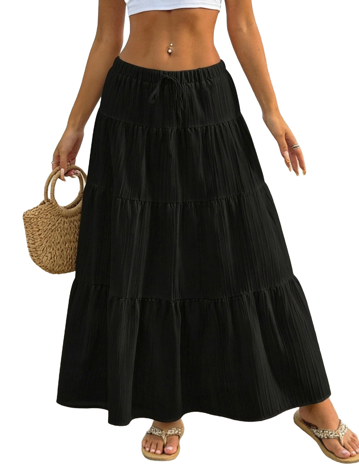 Halife Womens Boho Maxi Skirts Flowy Flared Ruffle Long Skirts Beach Vacation Elastic Waisted Summer Skirts