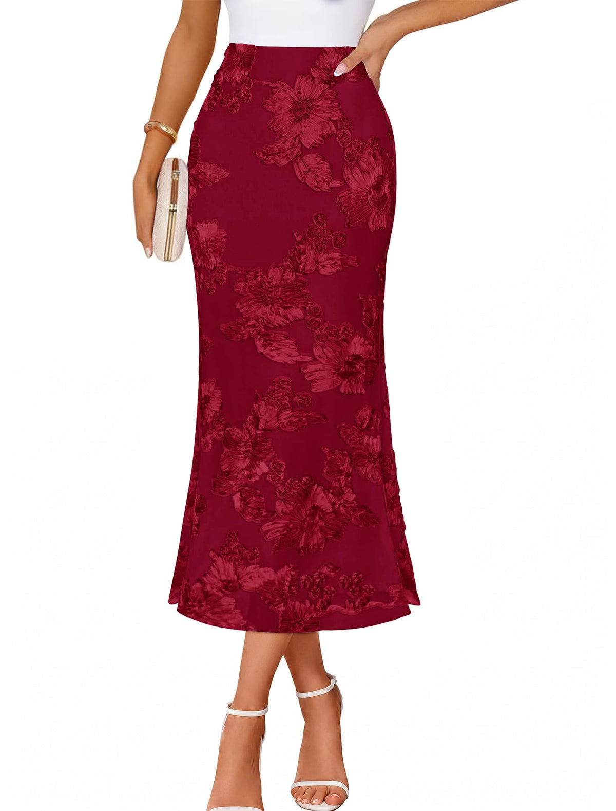 IWD Womens Floral Mesh Midi Skirt High Waisted Bodycon Mermaid Long Skirts