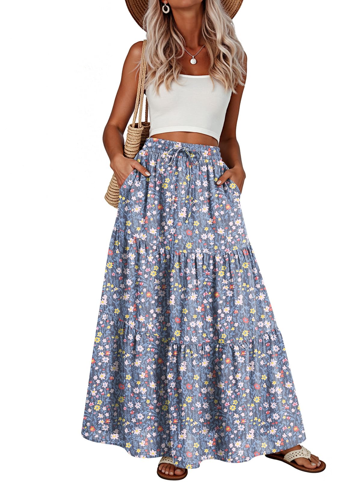 Addtoo Womens Maxi Skirt Pleated Tiered A-Line Elastic Waist Midi Skirt