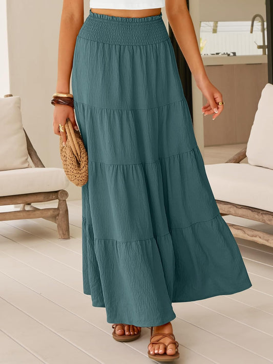 ANRABESS Womens Maxi Skirts, Elastic High Waist A-Line Tiered, Long Flowy Boho Skirts, Summer Casual Beach & Vacation Wear