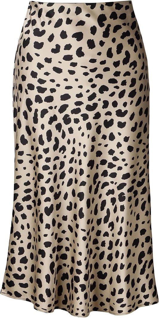 Womens Leopard Print Skirt Midi Long Length Silk Satin High Waist Elastic Skirts