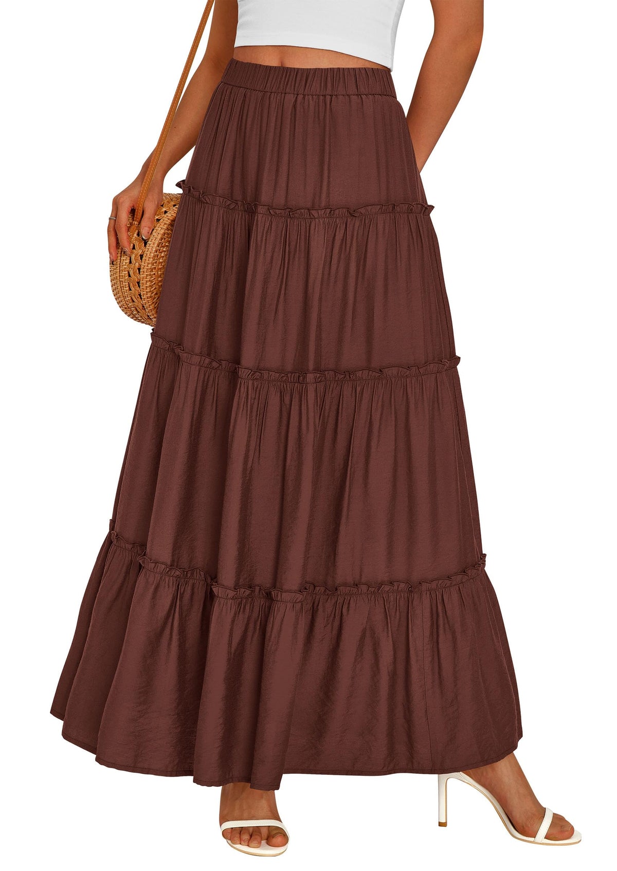 PRETTYGARDEN Women's Boho Tiered Ruffle Flowy Maxi Skirt