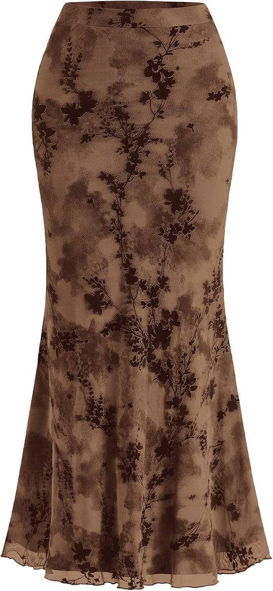 BTFBM Womens Floral Mesh Maxi Skirts