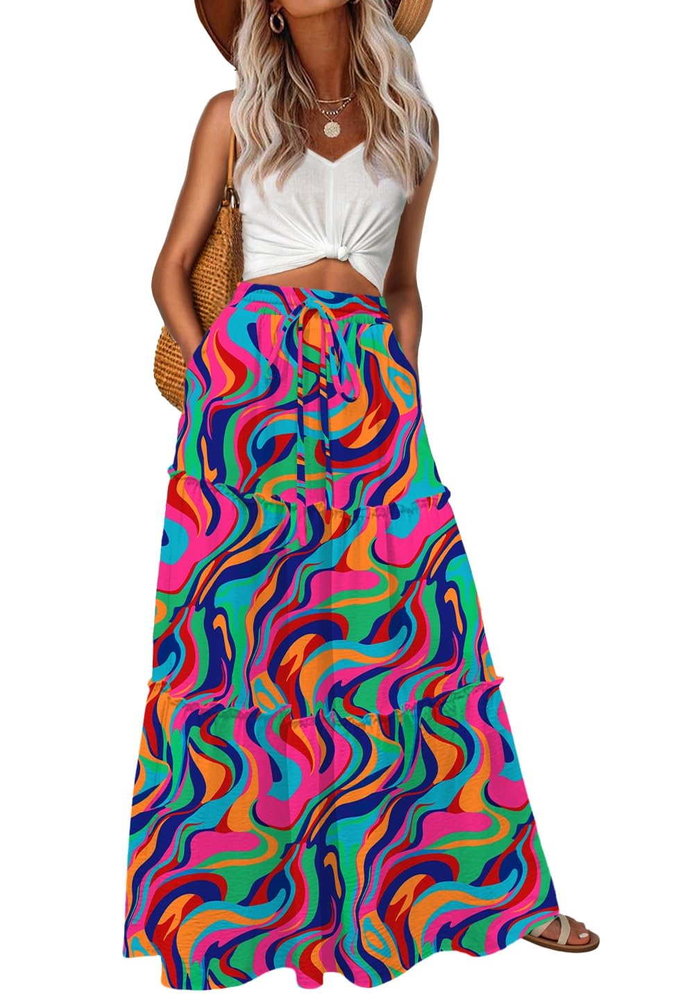 Lepunuo Womens Casual Boho High Waisted Flowy Maxi Skirts Tiered Floral Long Skirts with Pockets for Summer Beach Vacation