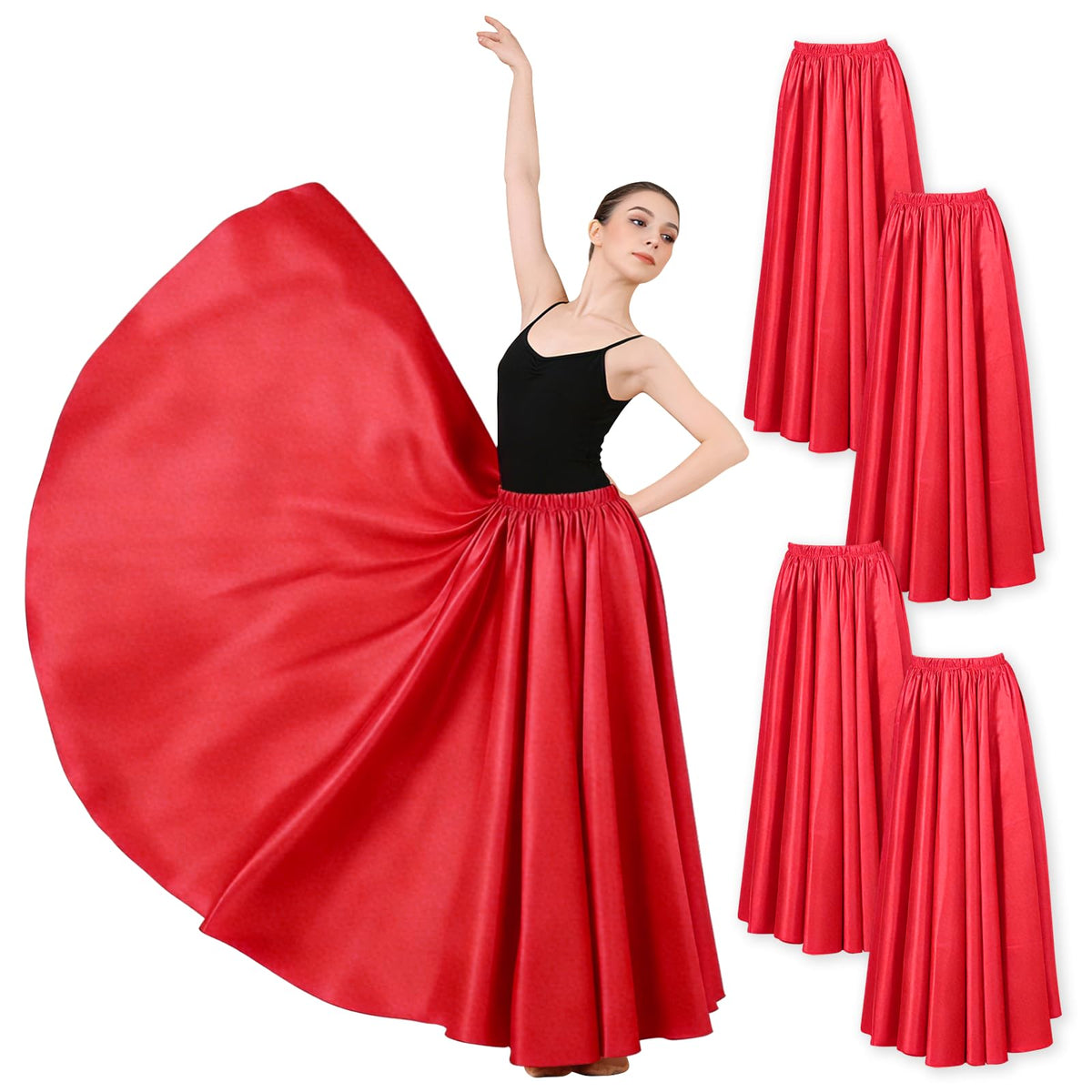 4PCS Satin Dance Skirt for Women Ankle Length Full Circle Women Maxi Shiny Skirt for Flamenco Belly Dance Party