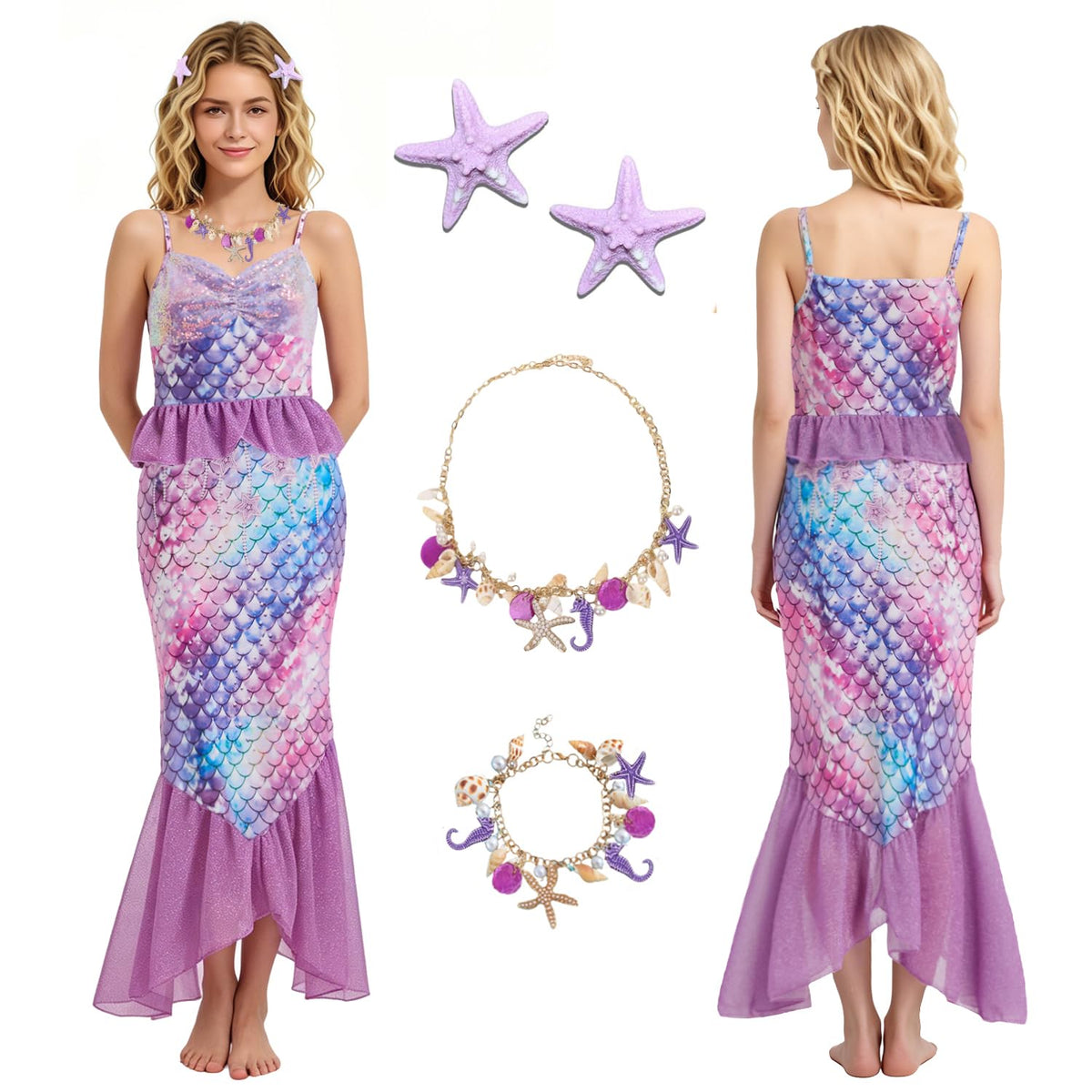 5PCS Mermaid Costume for Women Include Mermaid Dress Shell Necklace Bracelet Starfish Hairclip for Party Halloween