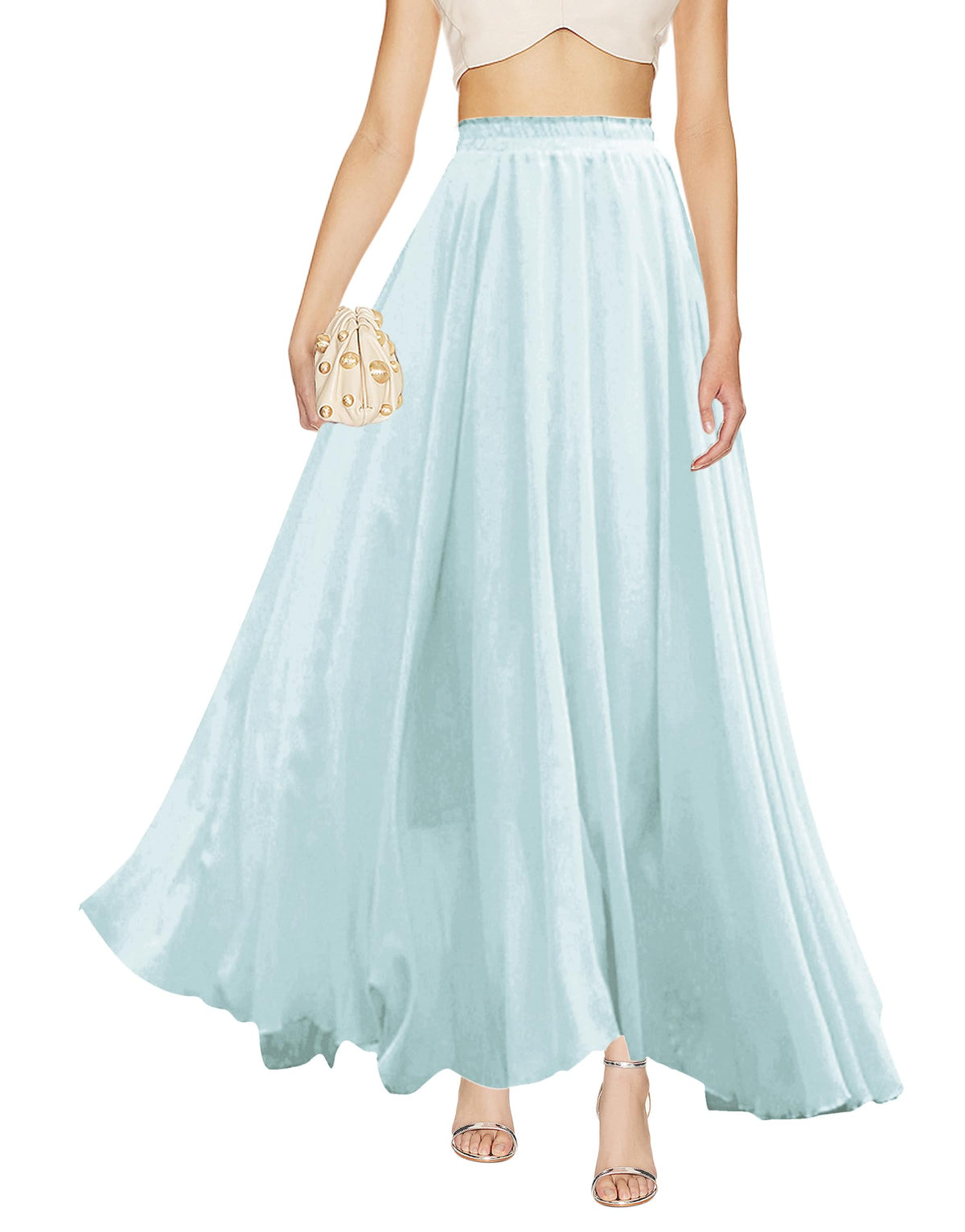 v28 Women Full/Ankle Length Elastic Pleated Retro Maxi Chiffon Long Skirt