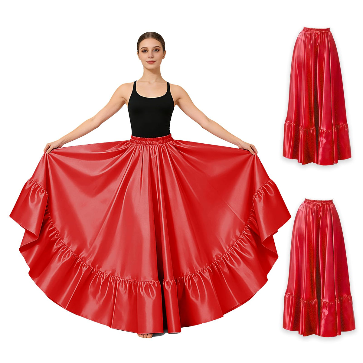 2PC Satin Ruffle Ankle Long Skirt for Women Full Circle Belly Dance Skirt Women Maxi Skirt for Praise and Folklorico Dance